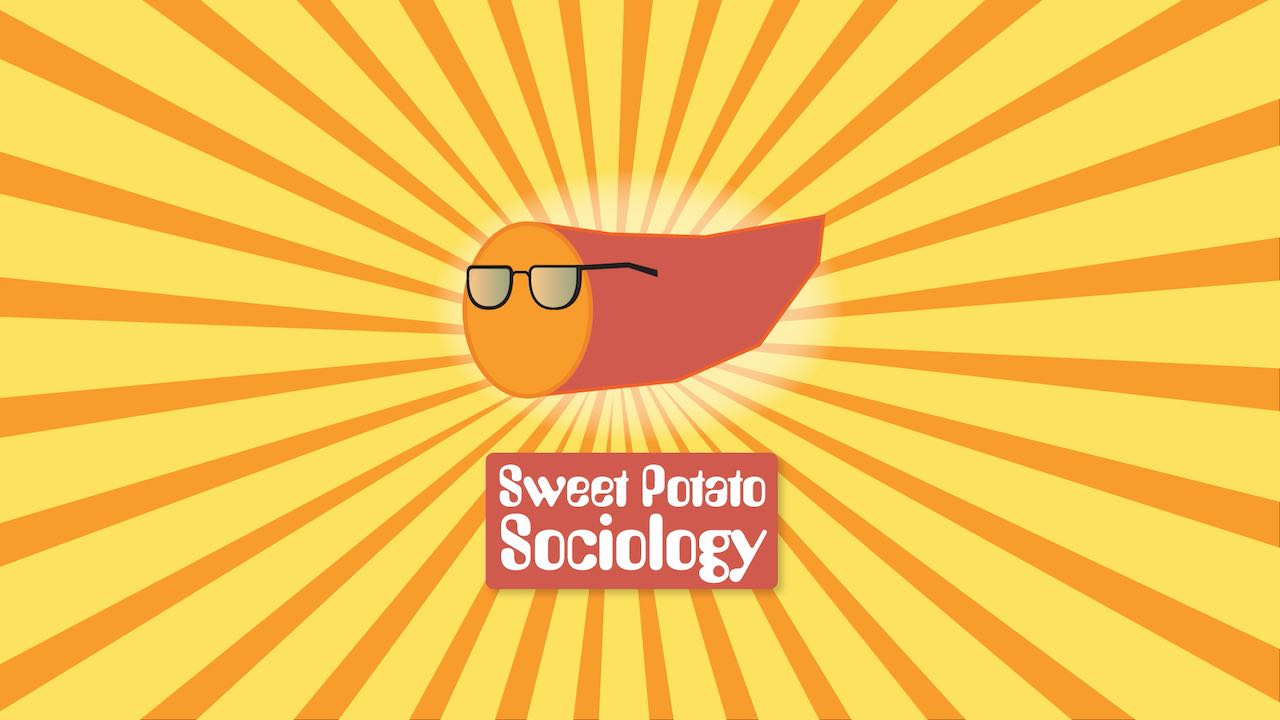 The Sweet Potato Sociology title screen, featuring a sweet potato icon with glasses against a sunburst background